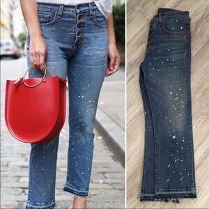 Veronica Beard Jeans Ines 10.75” Girlfriend Blue Splatter Paint Cropped Denim